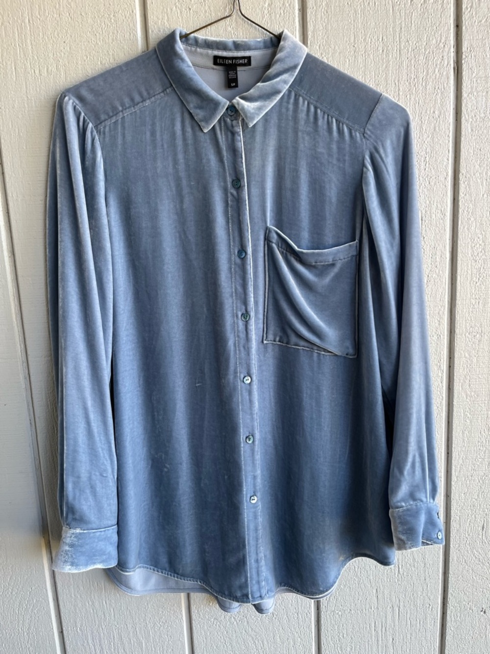 Eileen Fisher Silk Blend Velvet Light Blue Button Up Blouse Size S